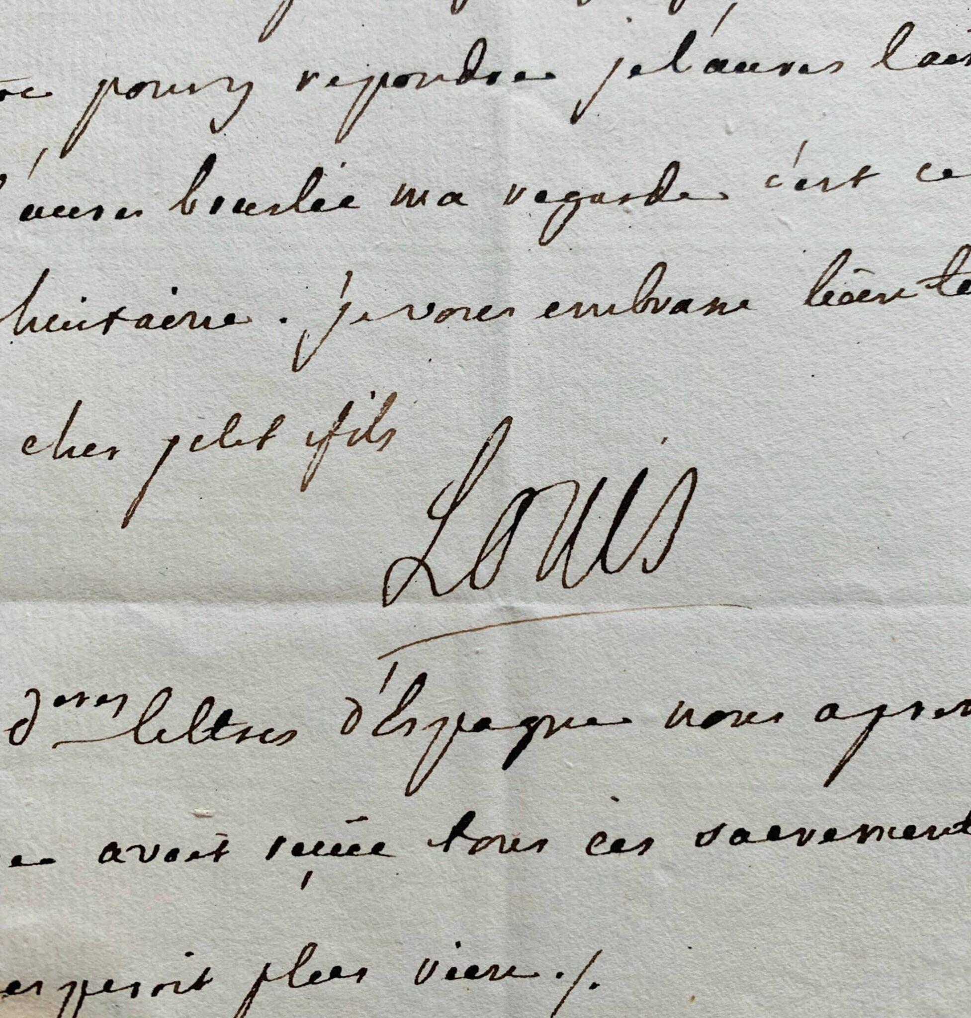 Tendre lettre autographe de Louis XV à son petit fils évoquant le décès prochain de la reine d’Espagne
