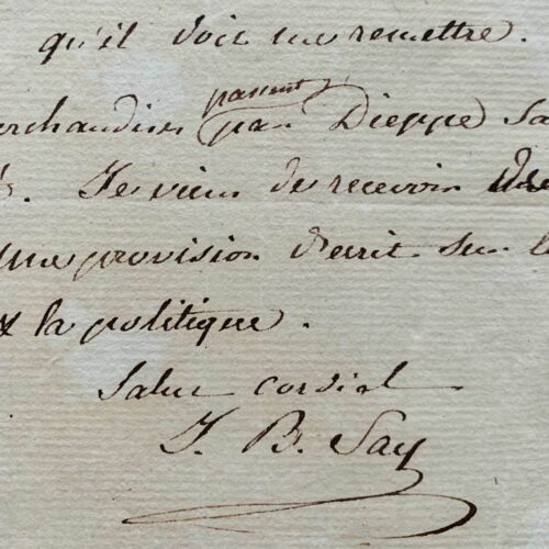 Lettre de Jean-Baptiste Say à Arthus Bertrand après la publication de "De l'Angleterre et des Anglais"
