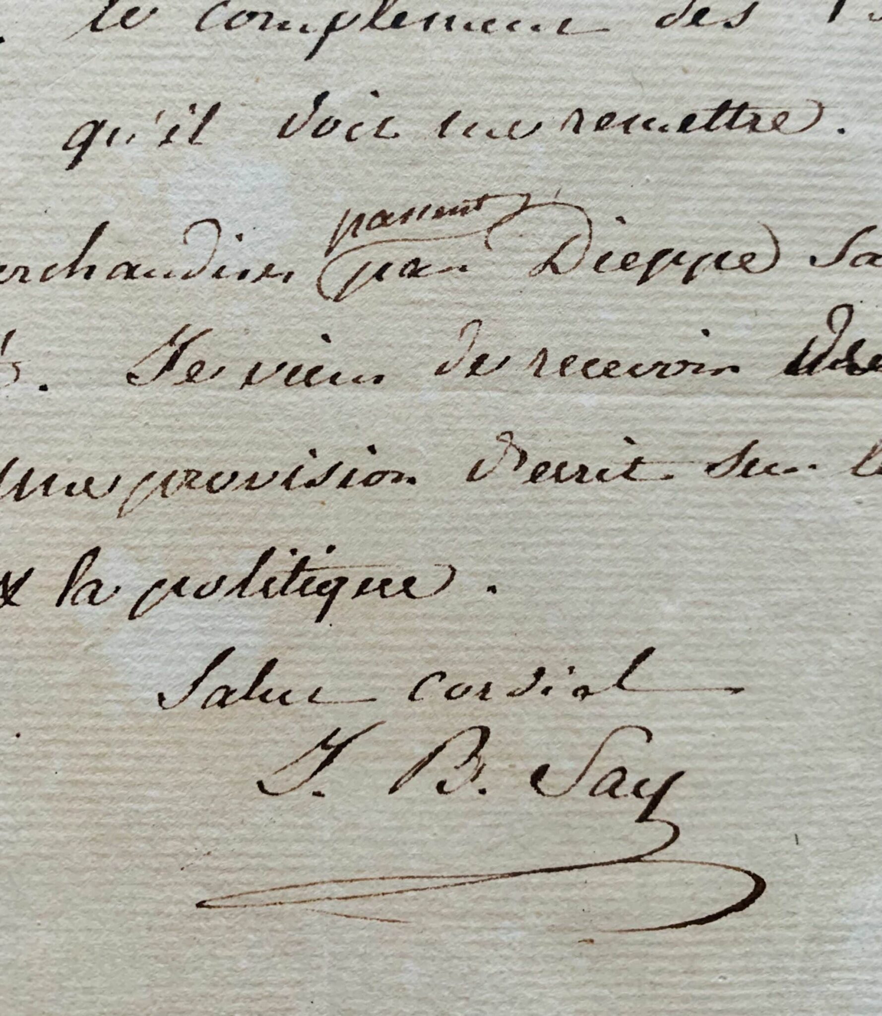 Lettre de Jean-Baptiste Say à Arthus Bertrand après la publication de « De l’Angleterre et des Anglais »