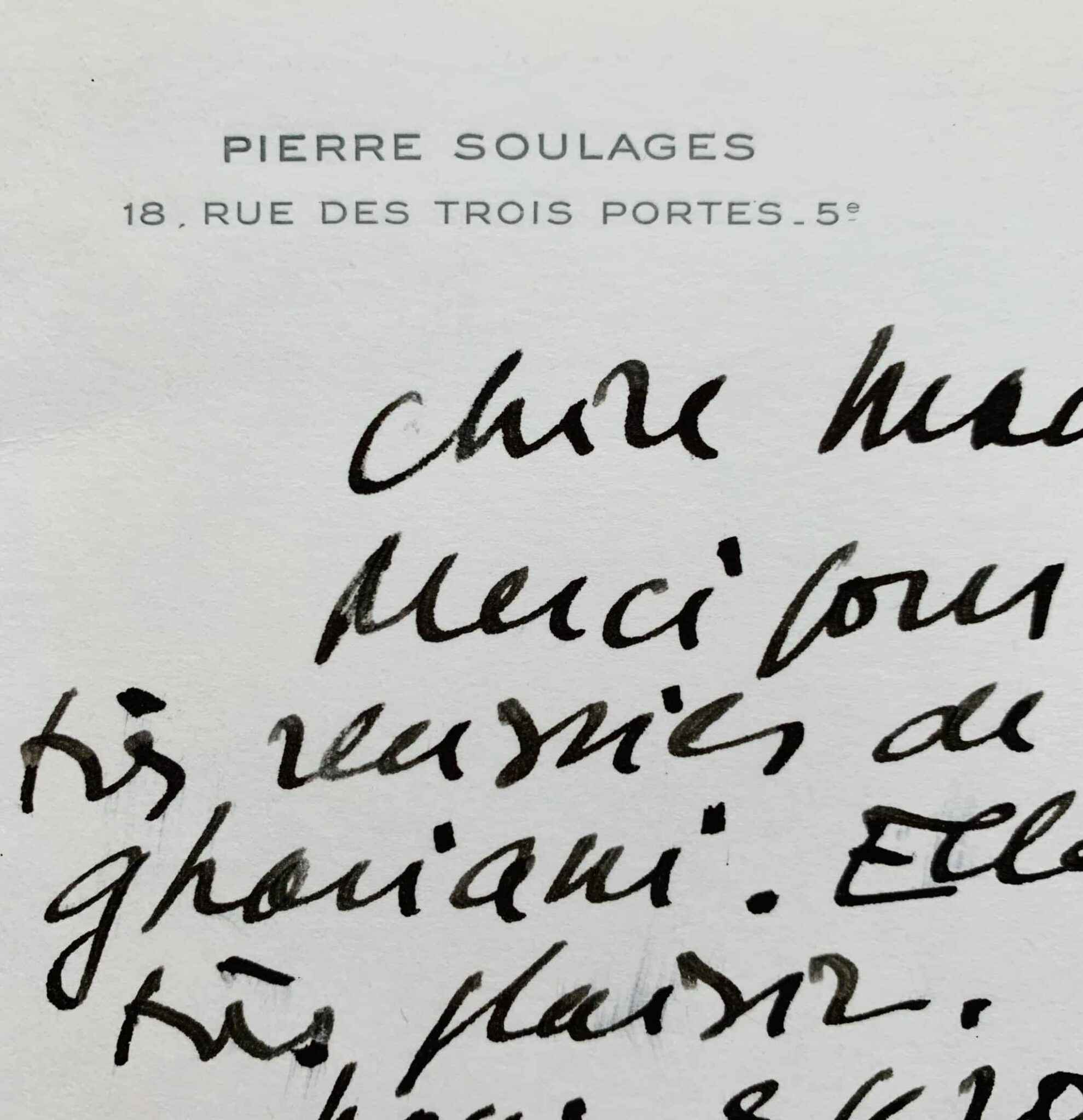 Lettre de Pierre Soulages accompagnée de 3 photographies