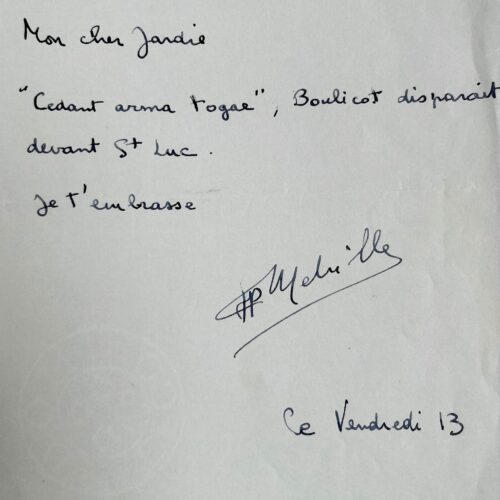 Formidable billet de Jean-Pierre Melville à Paul Meurisse en clin d'oeil à L'Armée des ombres