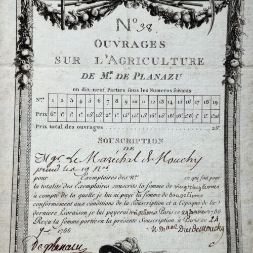 Très belle souscription gravée pour les Oeuvres d'agriculture de Rey de Planazu