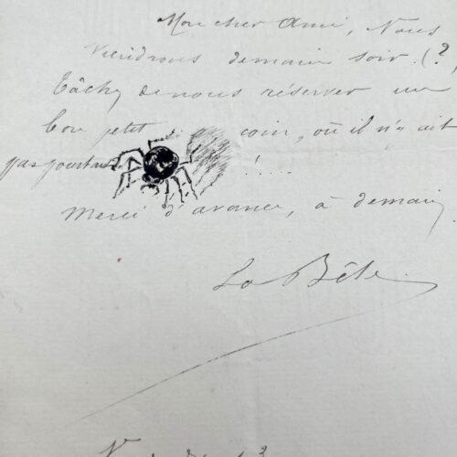 Mystérieuse lettre illustrée d'une araignée, datée « vendredi 13 » et signée « La Bête »