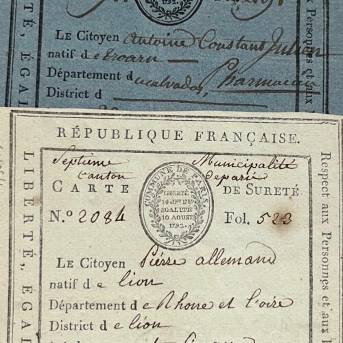 Deux cartes de sûreté délivrées durant la Révolution