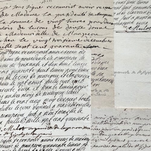 Quittances de l'organiste Emmanuel-François Mulot, pour des leçons de musique entre 1741 et 1743