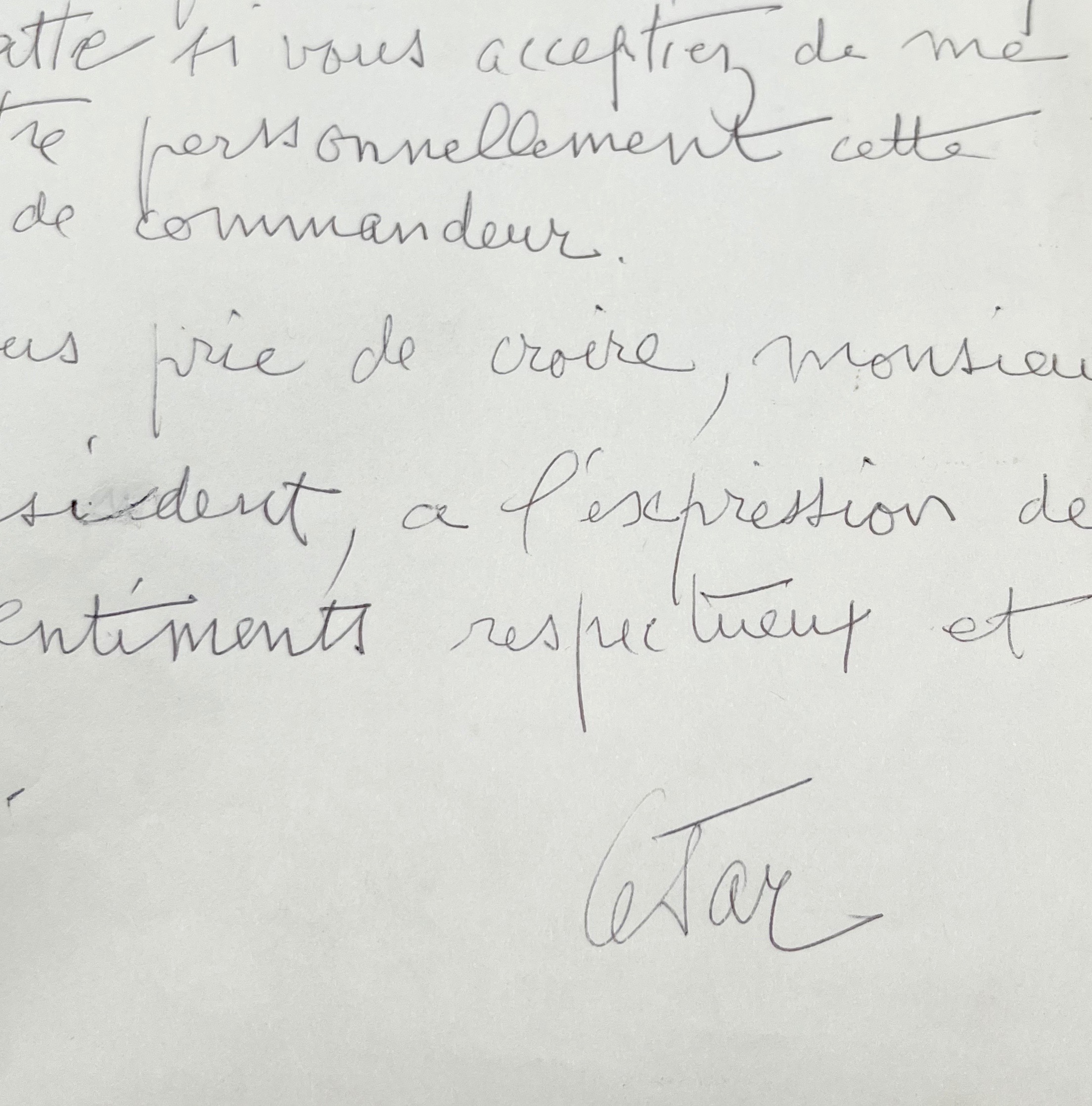 Lettre du sculpteur César à François Mitterrand, lui demandant de lui remettre l’Ordre du mérite