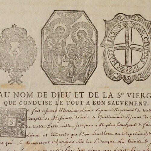 Importante contratto di assicurazione marittima datato 1769, relativo a un viaggio tra Napoli e Marsiglia
