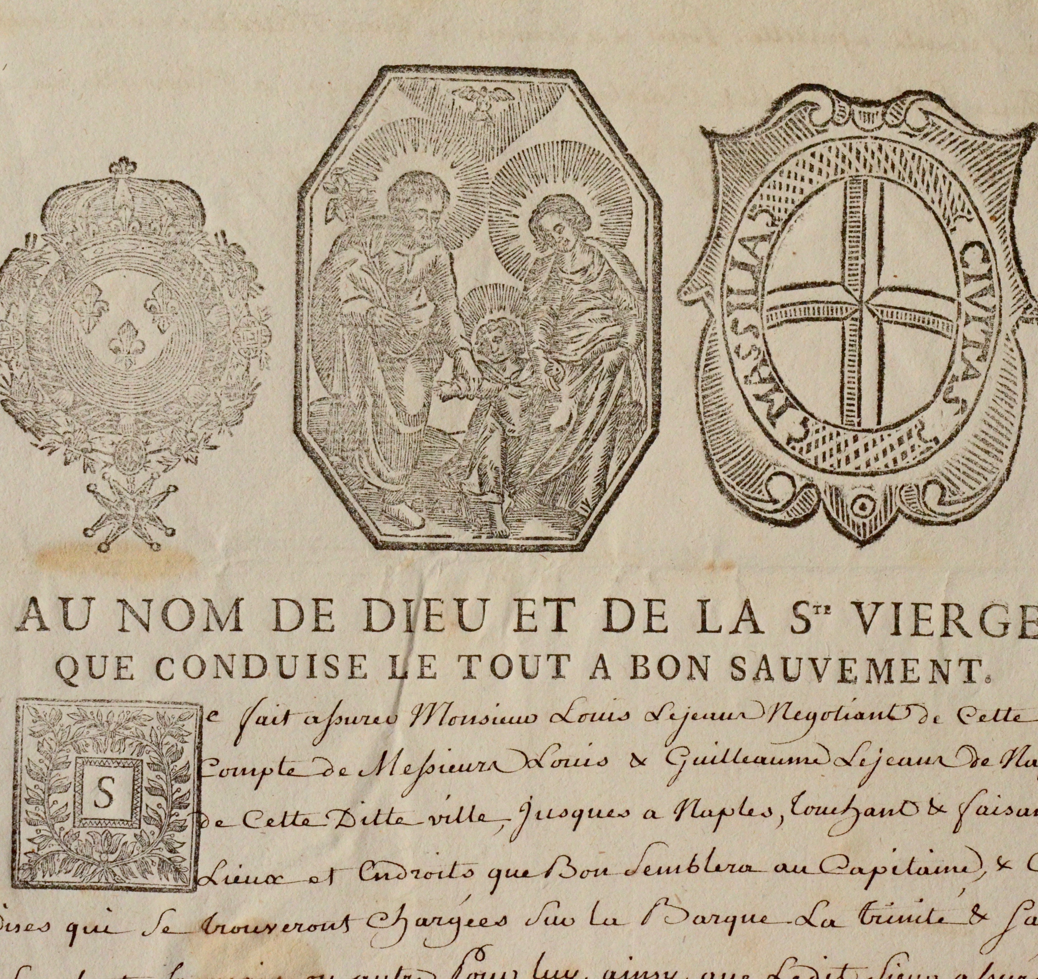 Grand contrat d’assurance maritime daté de 1769, pour un voyage entre Naples et Marseille