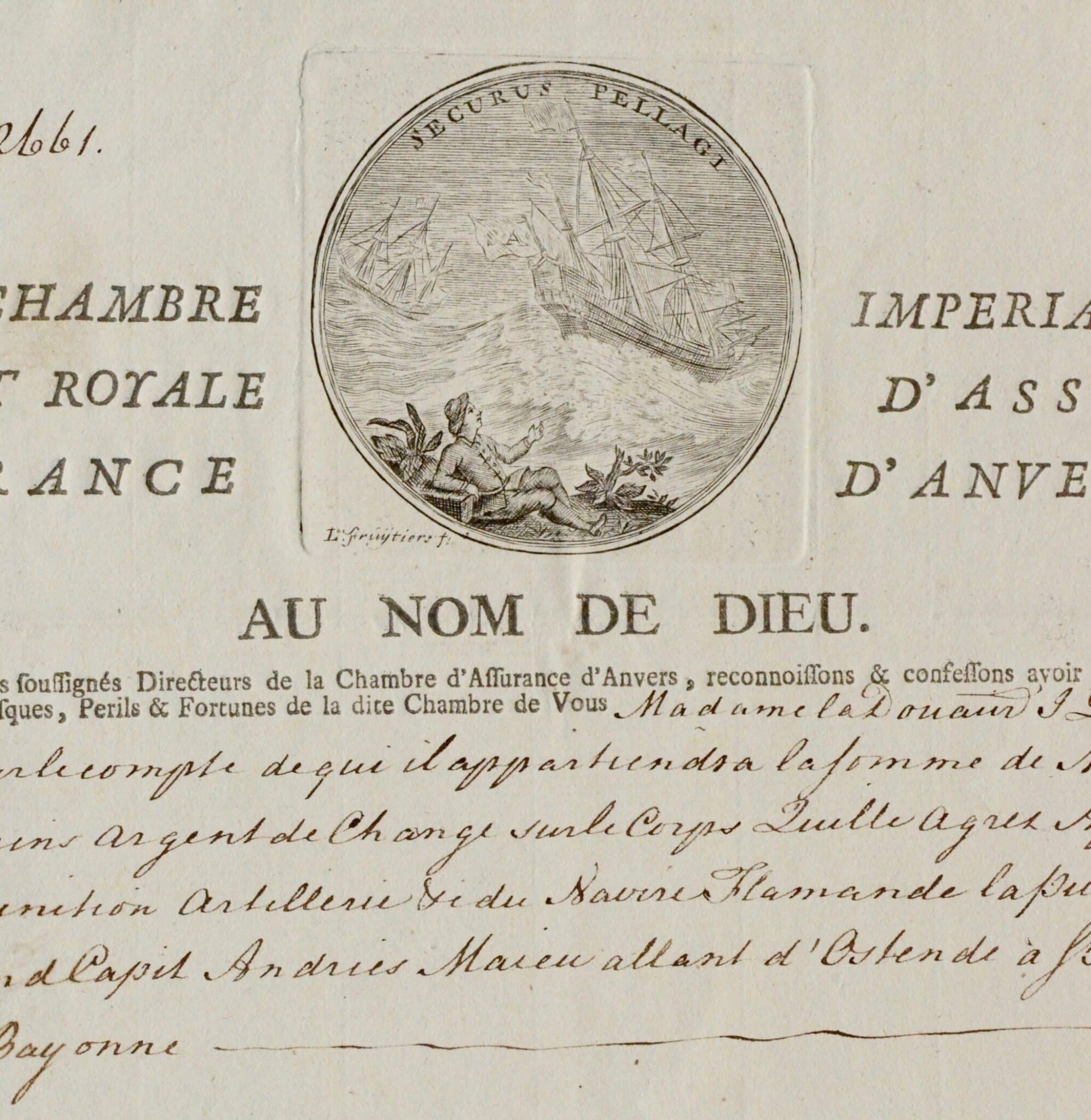 Un pregevole contratto di assicurazione marittima di Anversa, datato 1769, per un viaggio da Ostenda a San Sebastián