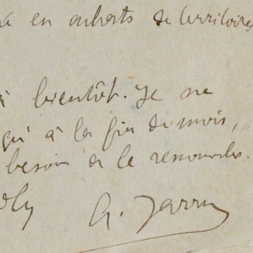 Belle lettre d'Alfred Jarry à Henry Durand-Davray évoquant un travail avec Claude Terrasse