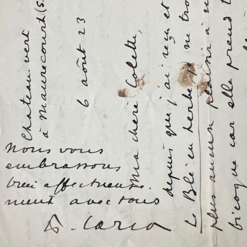 Lettre de Francis Carco à Colette sur Le Blé en herbe et son château de Maurecourt