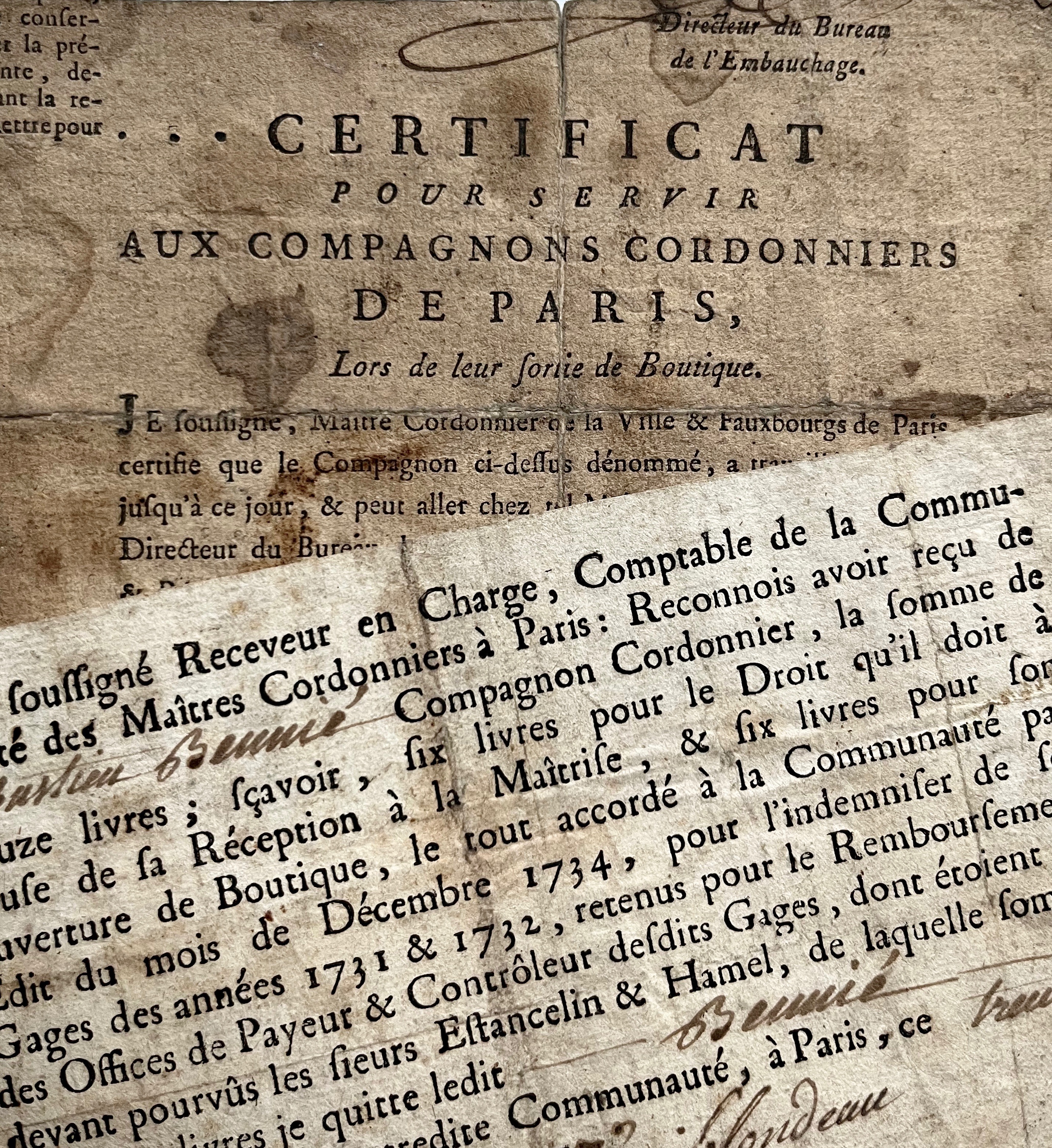 Deux documents du XVIIIe de la corporation des compagnons cordonniers de Paris