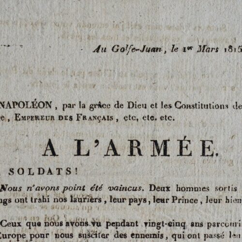 Imprimé de proclamation de Golfe Juan du 1er mars 1815 faite par Napoléon après son évasion de l'île d'Elbe