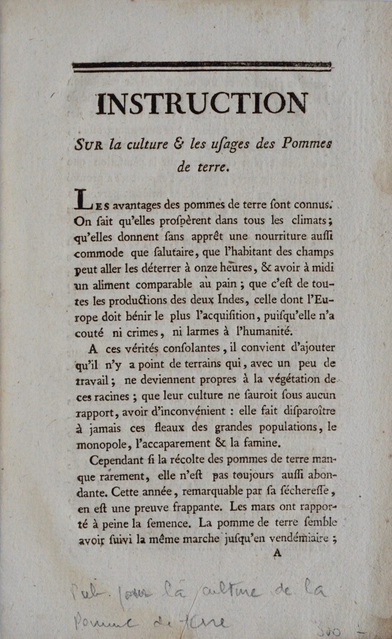 Petite brochure : « Instruction sur la culture & les usages de la pomme de terre » par Parmentier, en l’an 2