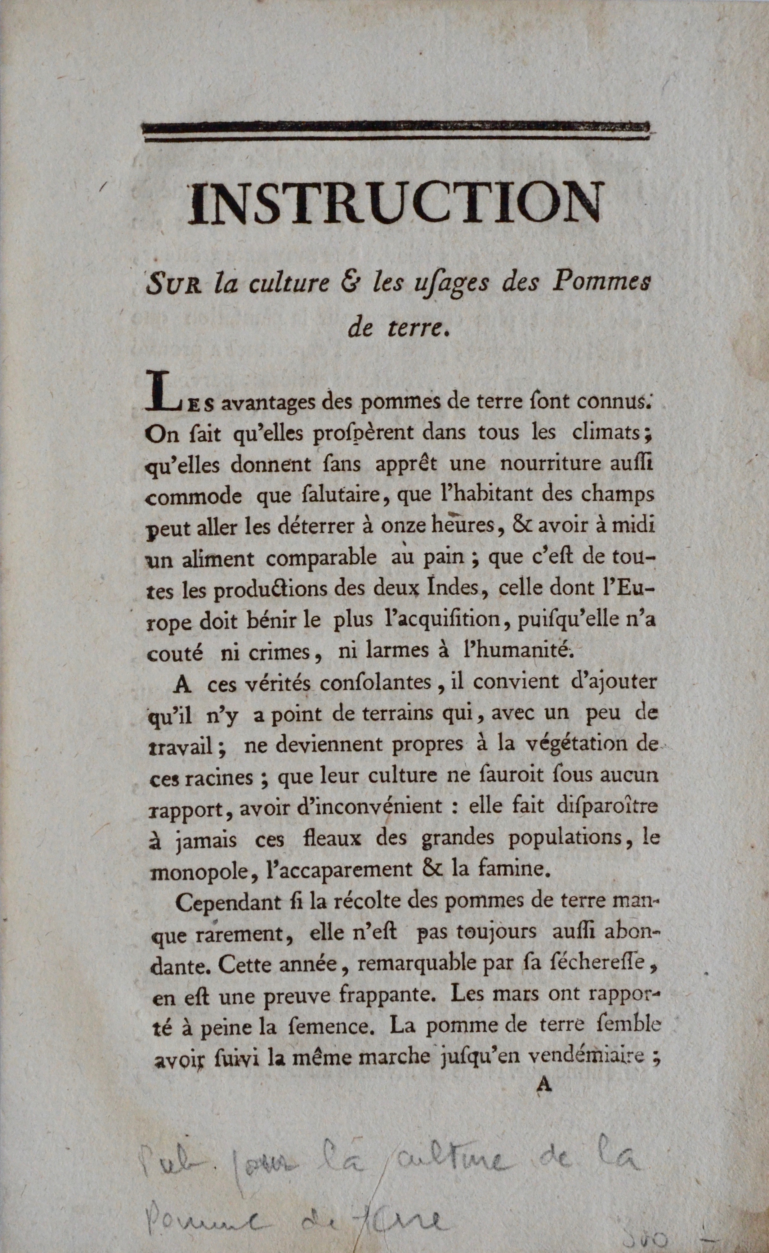 Petite brochure : « Instruction sur la culture & les usages de la pomme de terre » par Parmentier, en l’an 2
