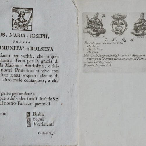 Deux certificats italiens de non-contagion de la peste