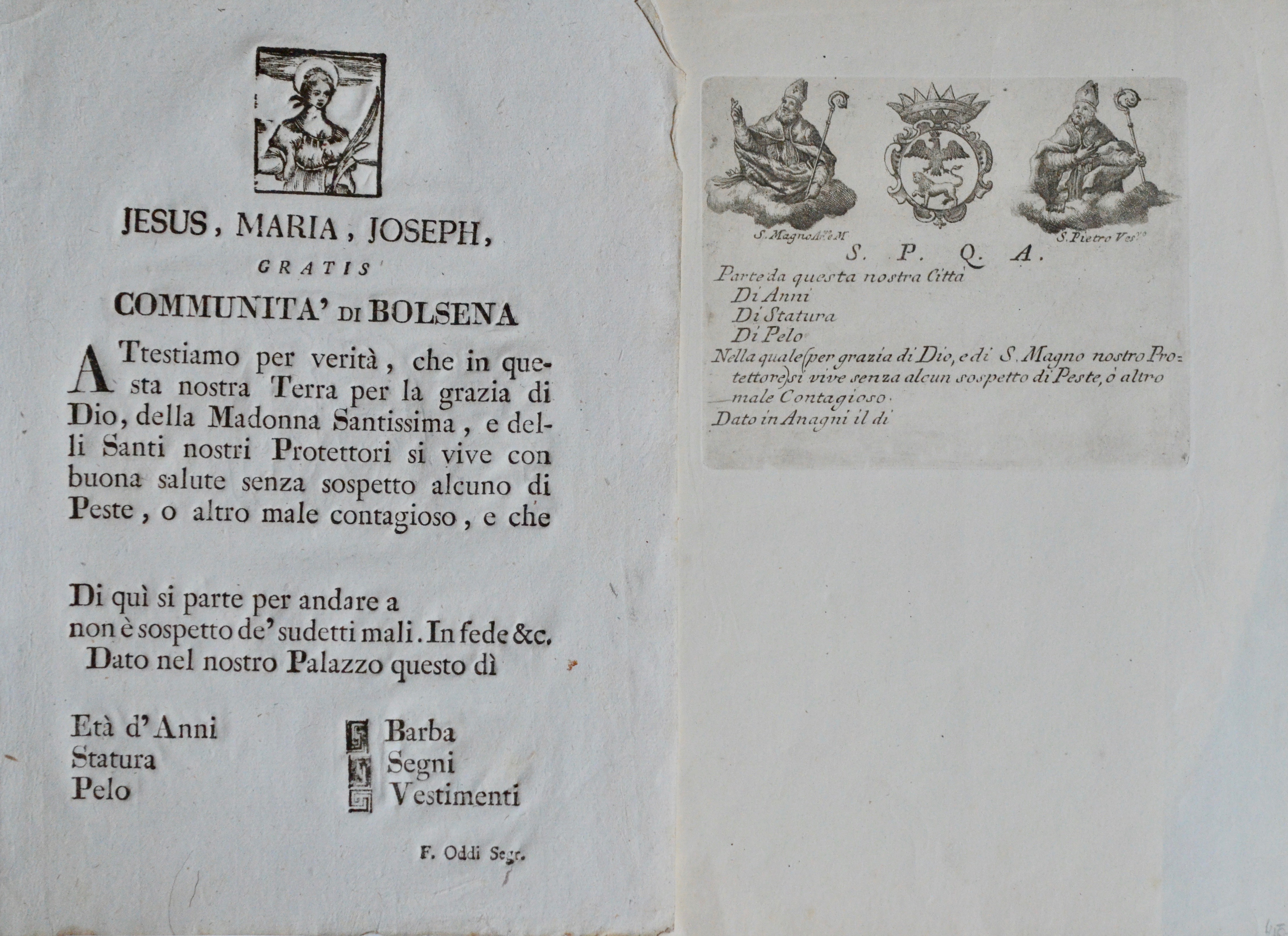 Deux certificats italiens de non-contagion de la peste