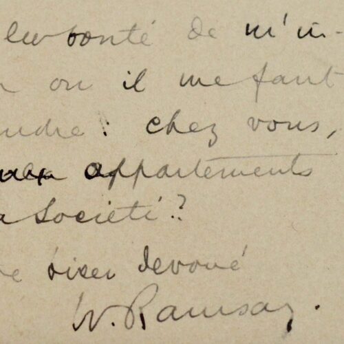 Lettre du prix Nobel de chimie William Ramsay à son confrère Joseph Achille Le Bel