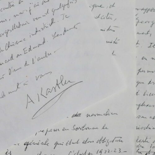 Beau manuscrit d'Alfred Kastler sur le chimiste Gorges Urbain
