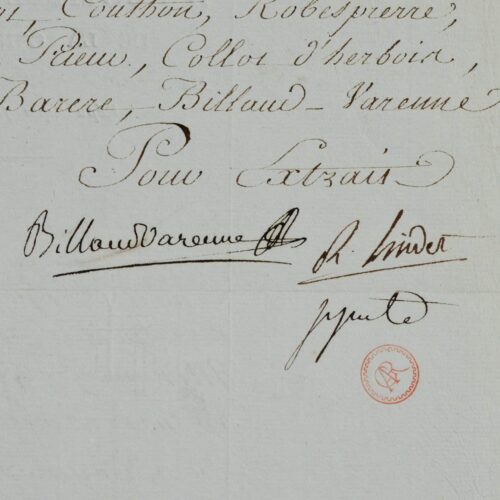 Pièce signée par Saint-Just, Billaud-Varenne et Lindet le 2 thermidor an 2