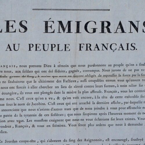 Placard imprimé en 1791 de l'Adresse au peuple français par Jean de Laqueuille de l'Armée des Princes