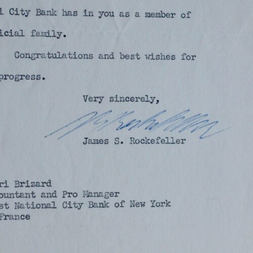 Lettre signée du banquier James Stillman Rockefeller