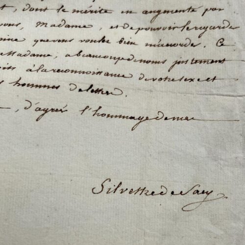 Silvestre de Sacy écrit à la féministe Fortunée Briquet au sujet de son Dictionnaire des Françaises et des étrangères