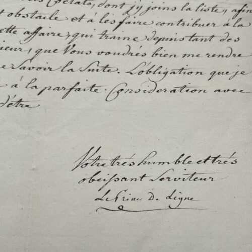 Lettre de Charles-Joseph, Prince de Ligne, relative à sa "terre souveraine de Fagnoelle"