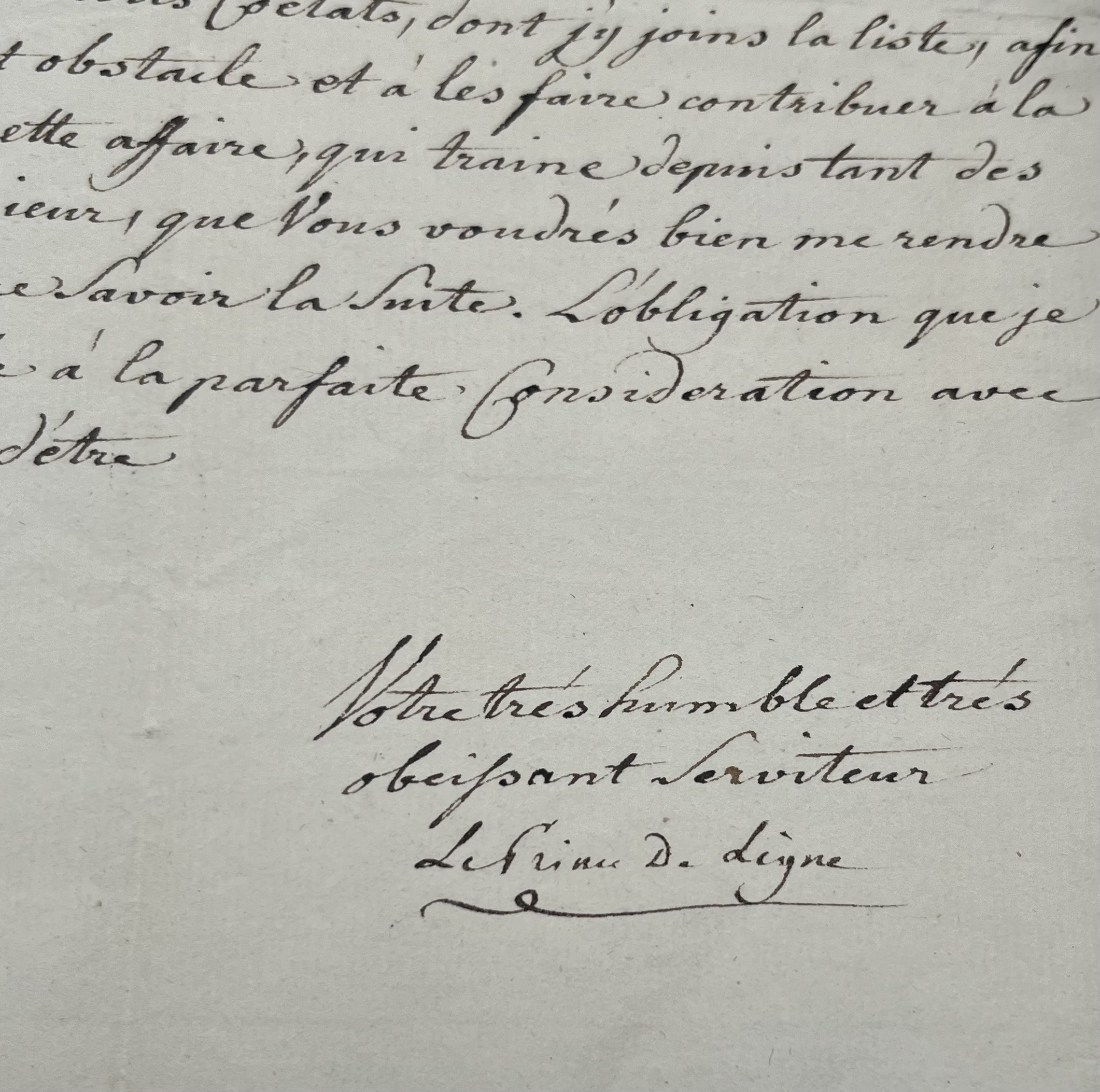Lettre de Charles-Joseph, Prince de Ligne, relative à sa « terre souveraine de Fagnoelle »