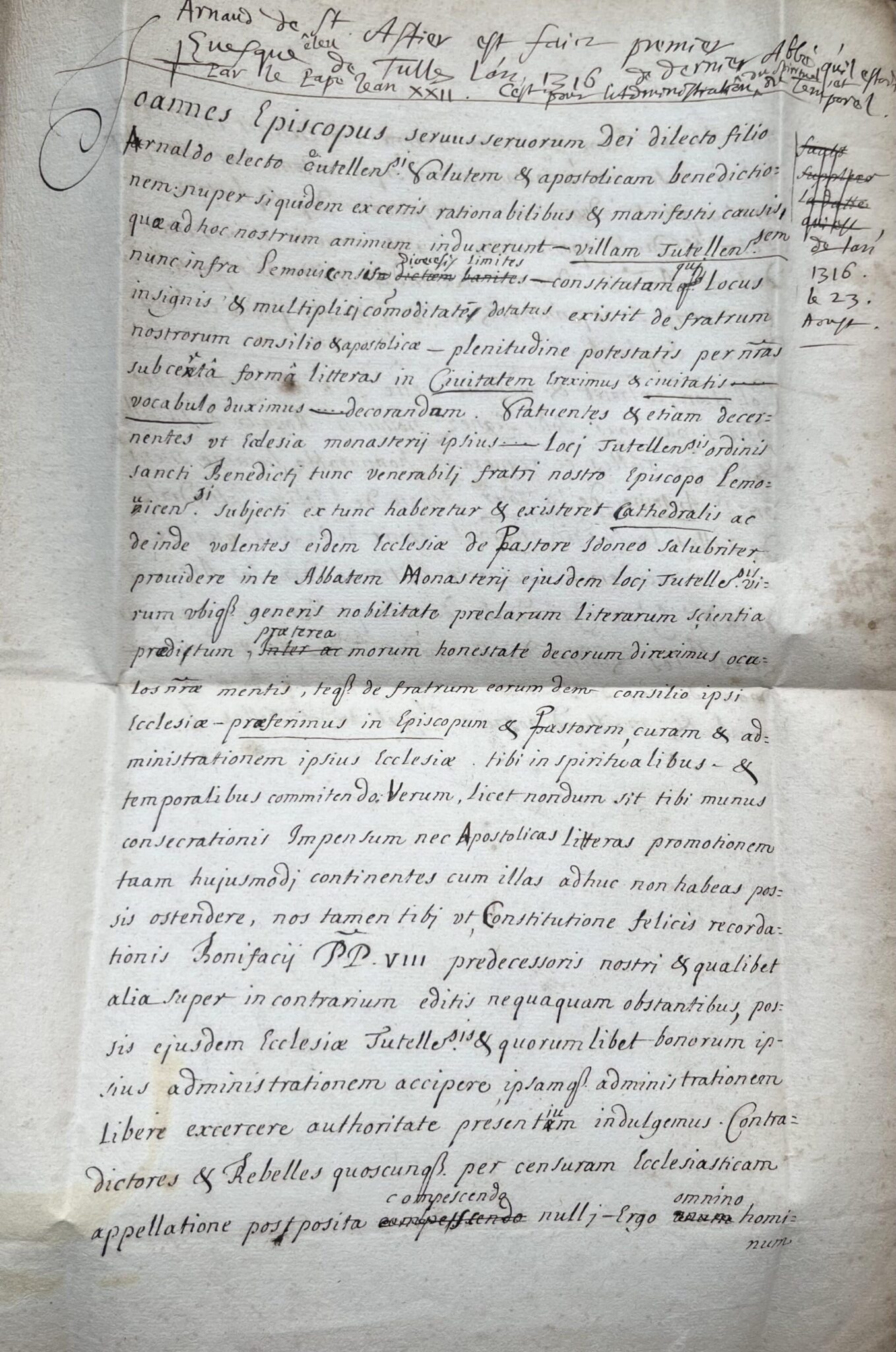 Copie du XVIIe de la nomination du 1er évêque de Tulle, Armand de Saint-Astier, en 1316