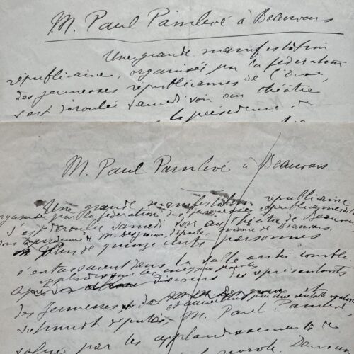 Deux manuscrits de Paul Painlevé sur la manifestation républicaine organisée à Beauvais