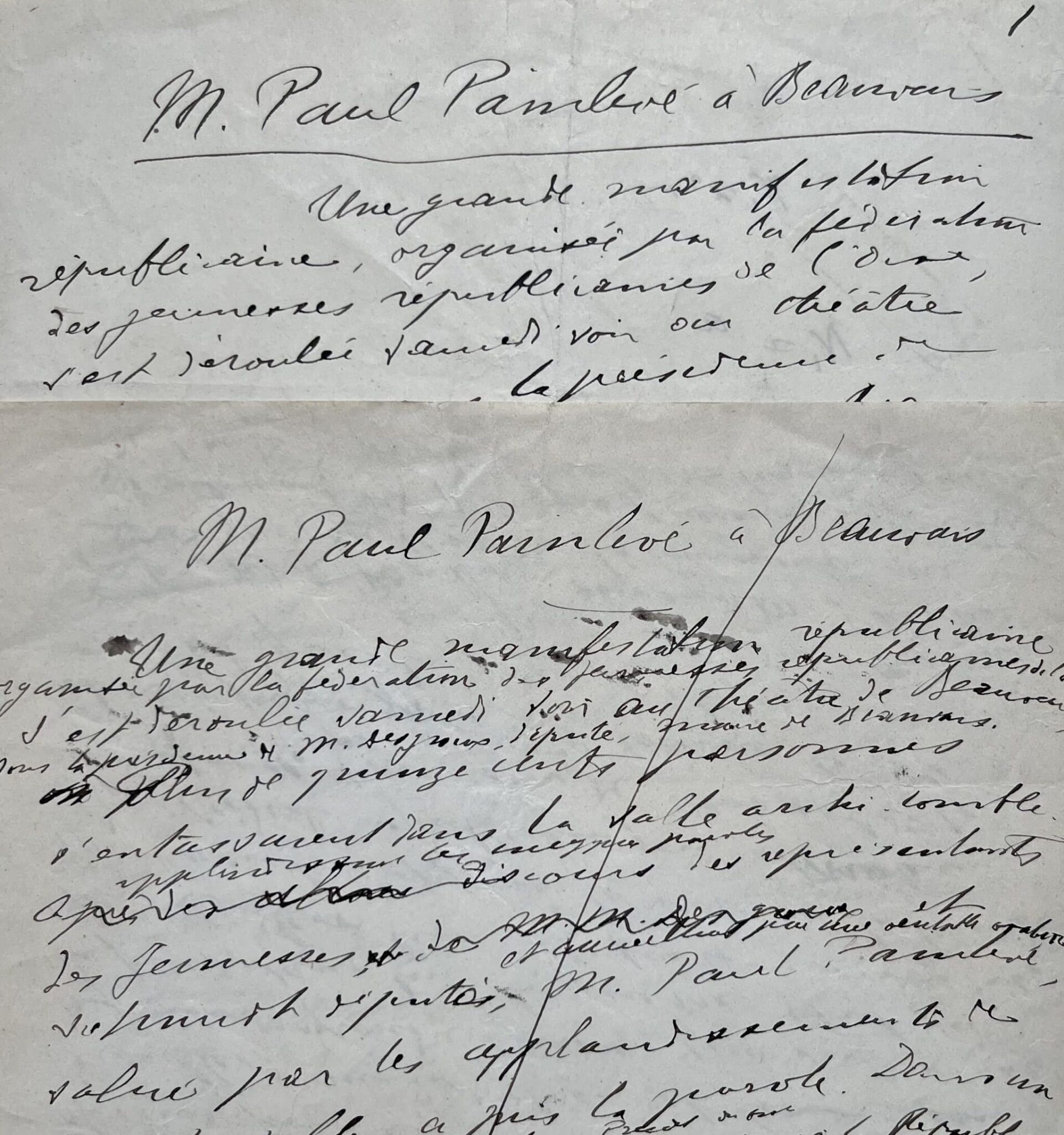 Deux manuscrits de Paul Painlevé sur la manifestation républicaine organisée à Beauvais