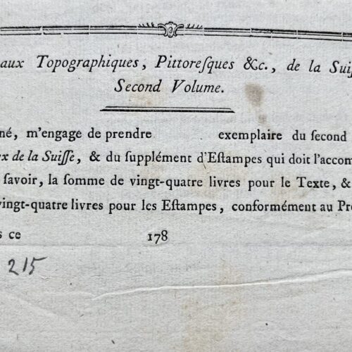 2 documenti del XVIII secolo relativi all'edizione di Scene pittoresche della Svizzera.