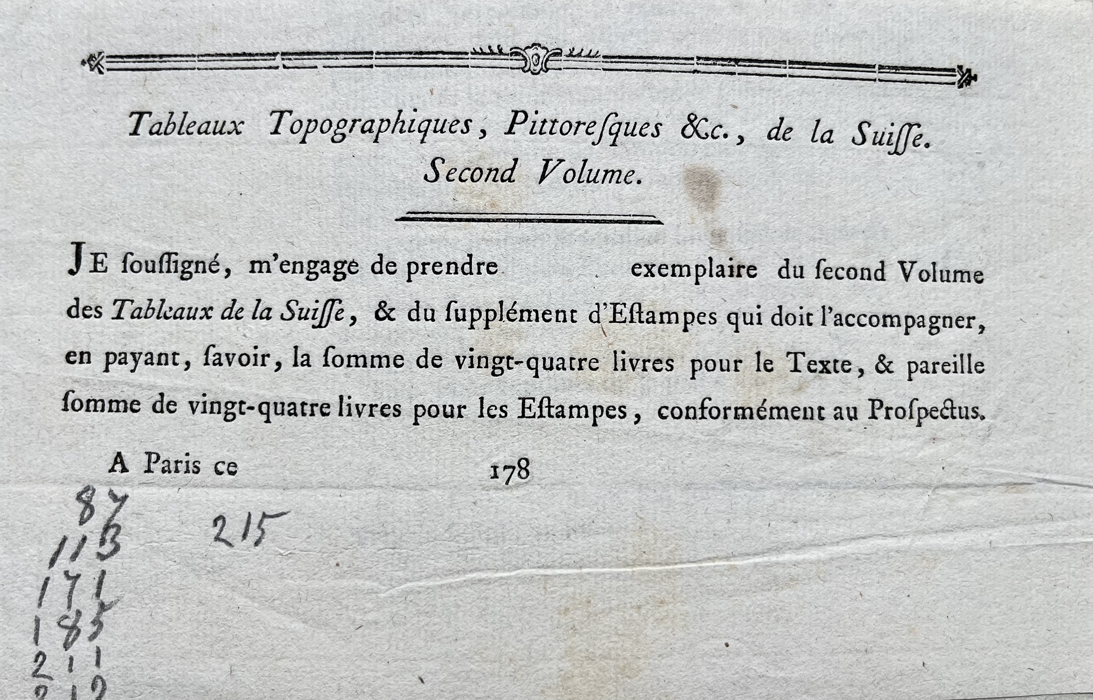2 documents du XVIIIe siècle relatifs à l’édition des Tableaux pittoresques de la Suisse.