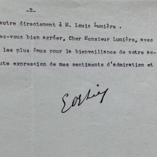 Lettre de remerciements et d'admiration de Étienne Oehmichen, l'inventeur de l'hélicoptère, à Auguste Lumière
