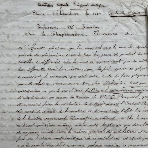 4 manuscrits sur les travaux de Faraday sur la phosphorescence et la fluorescence, provenant des archives Becquerel