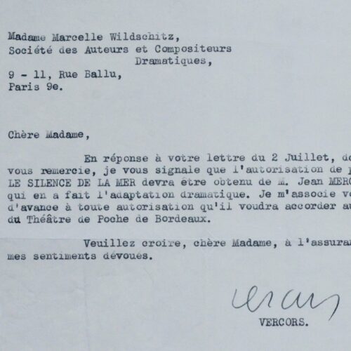 Deux lettres de Vercors sur les droits de son chef-d'oeuvre : Le Silence de la Mer