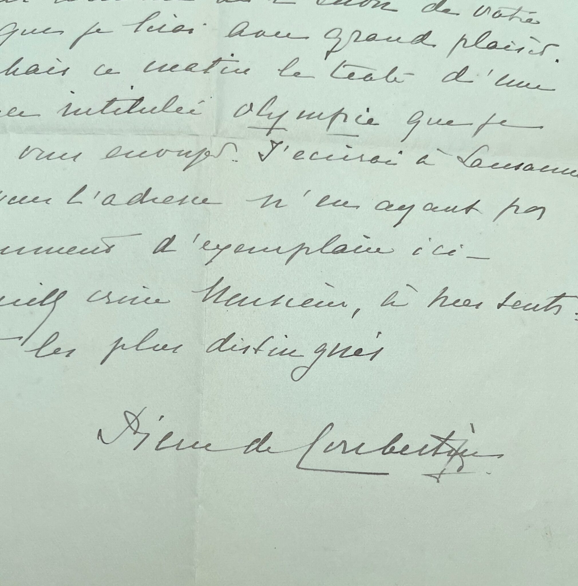 Rare lettre de Pierre de Coubertin sur sa conférence « Olympie »
