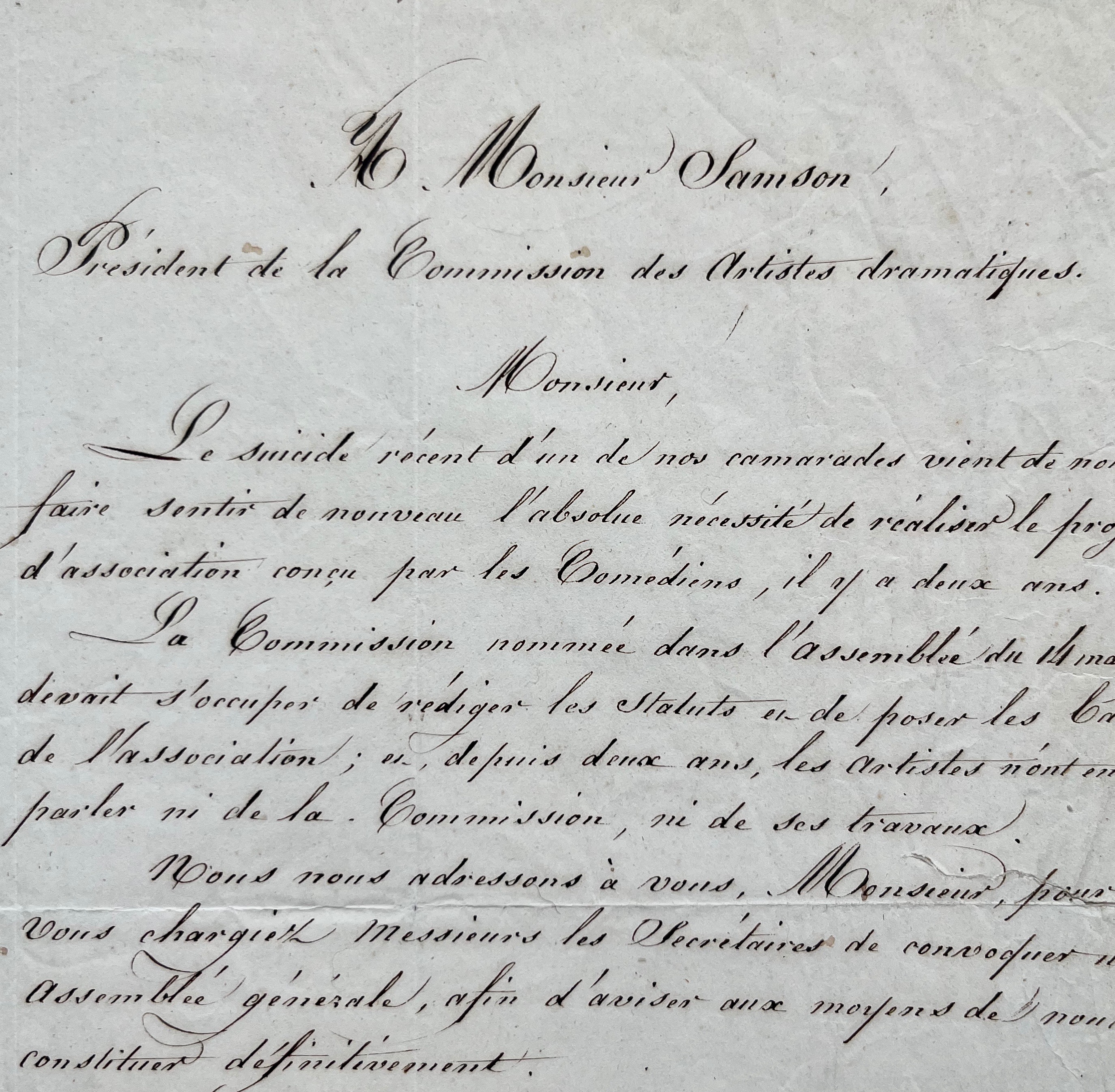 Pétition adressée à Samson, signée par 16 acteurs, sur la précarité des comédiens