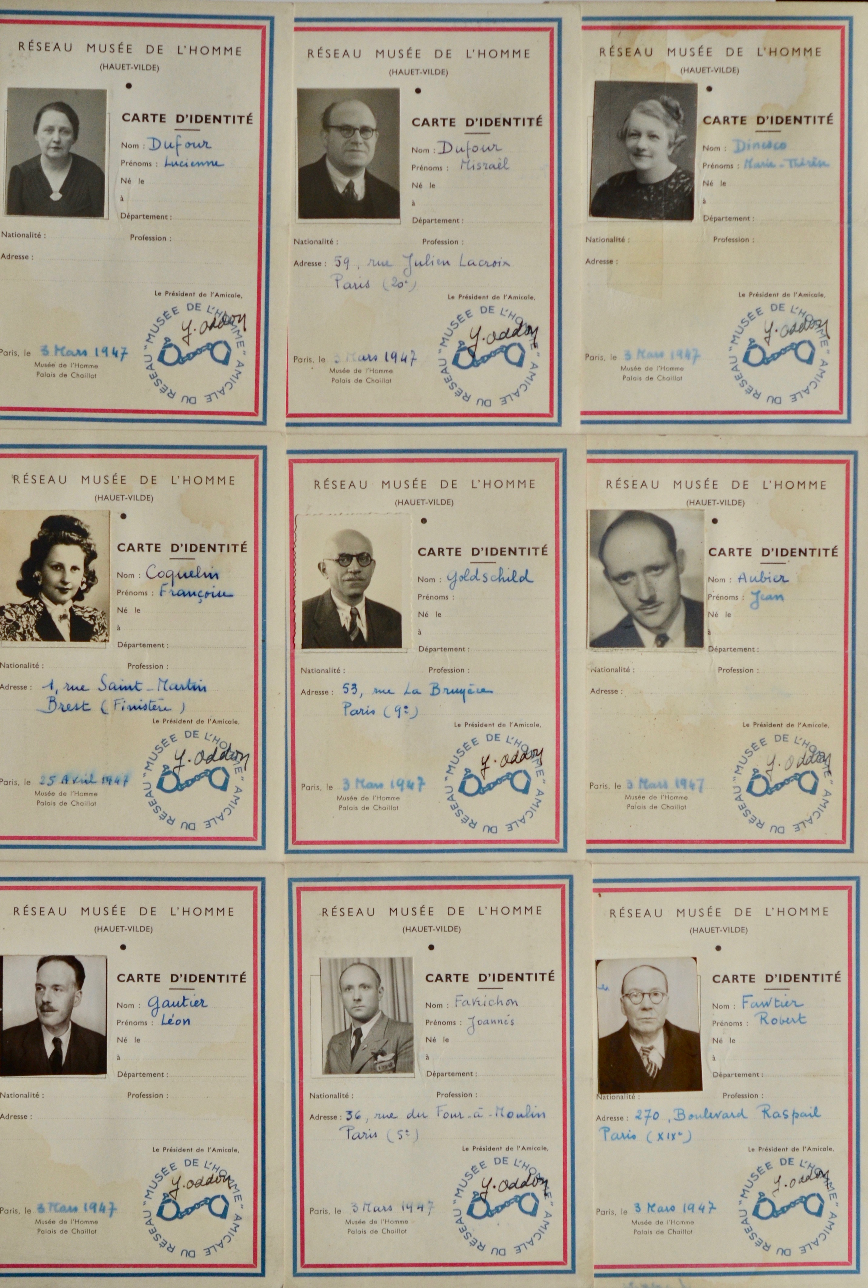 Résistance : ensemble de 9 cartes de membres du premier réseau de résistants du Musée de l’Homme