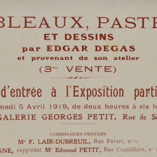 Carton d'invitation pour l’exposition de la 3e vente de l'atelier de Degas, chez Georges Petit, en 1919