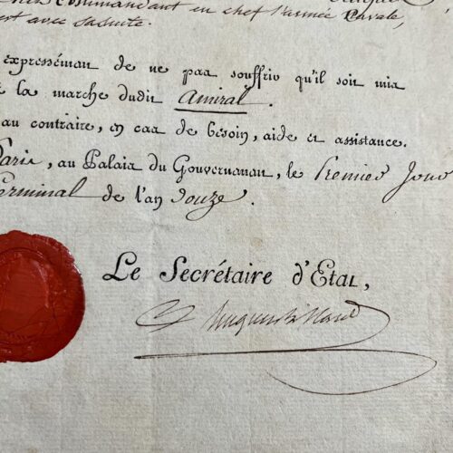Beau passeport avec vignette "Bonaparte premier consul de la République," pour l'amiral Truguet