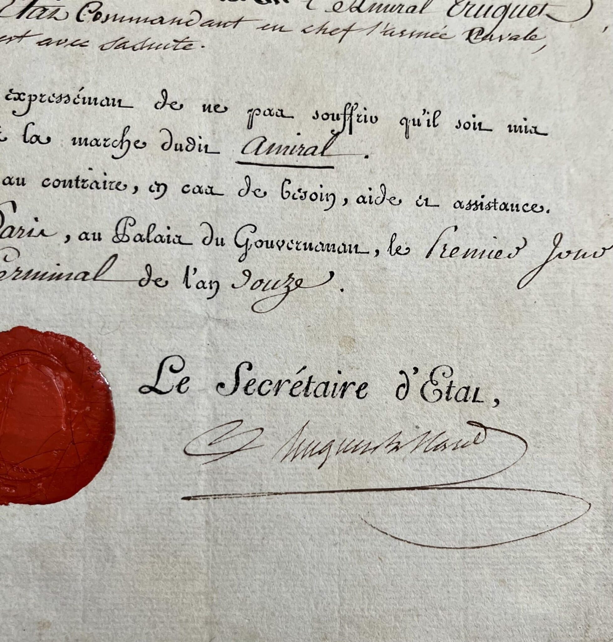 Prachtig paspoort met een vignet met de tekst "Bonaparte, Eerste Consul van de Republiek", voor admiraal Truguet