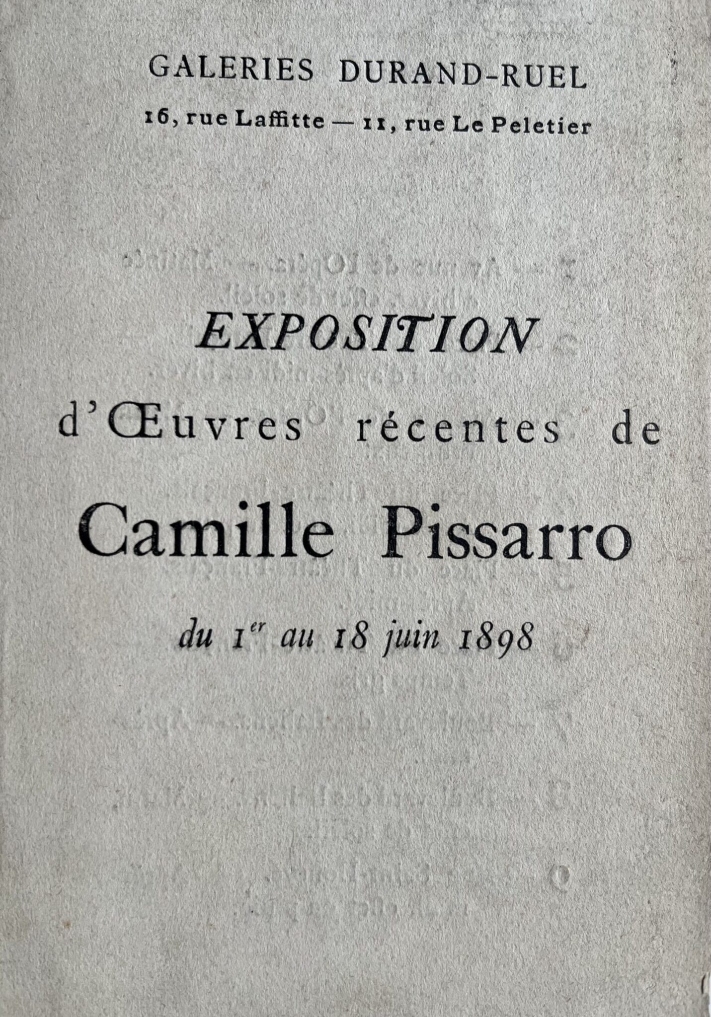 Rare petit catalogue des oeuvres de Camille Pissarro exposées chez Durand-Ruel en juin 1898