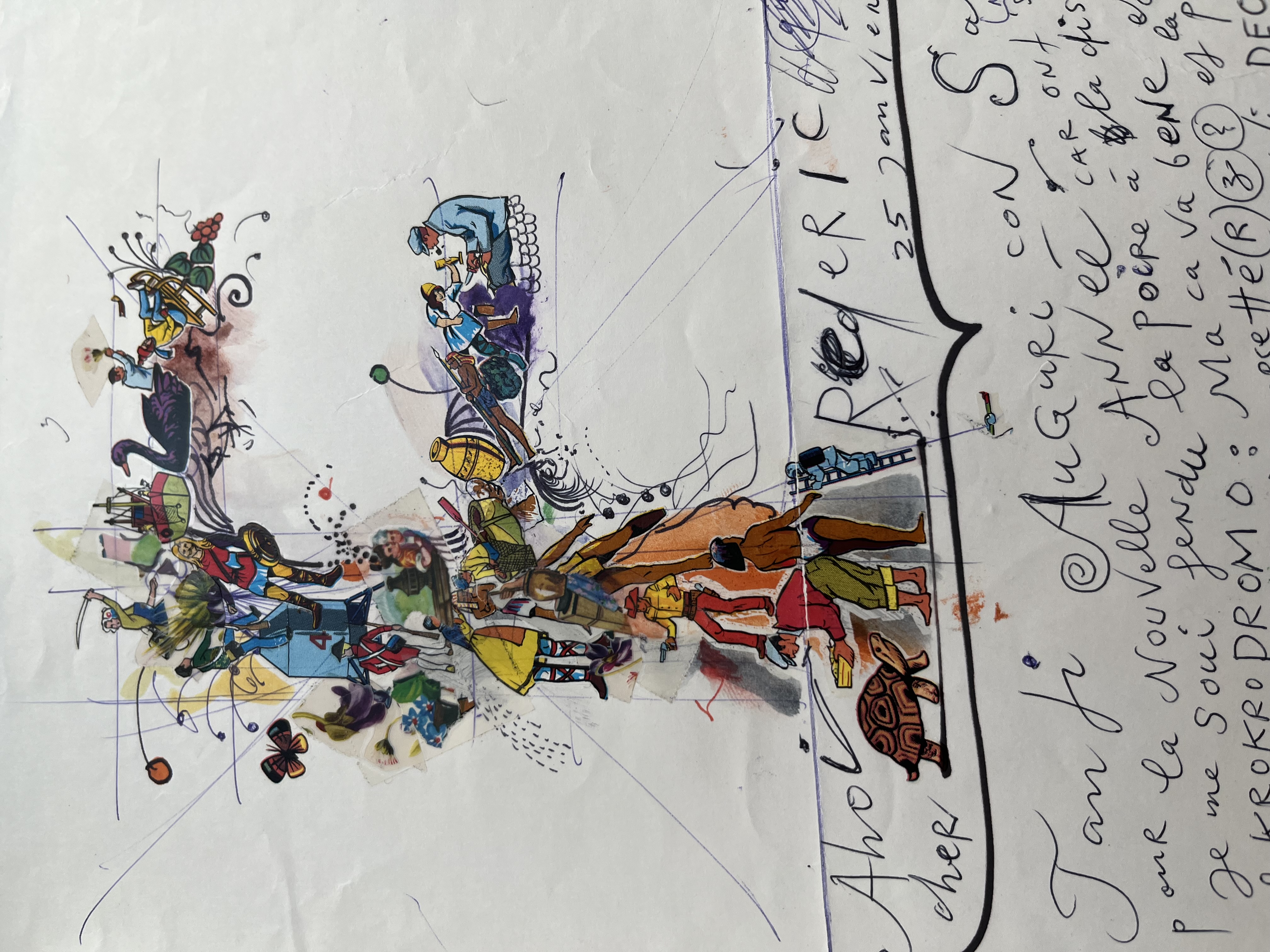 Magnifique lettre-collage de Jean Tinguely après l’accident du Crocrodrome au musée Pompidou