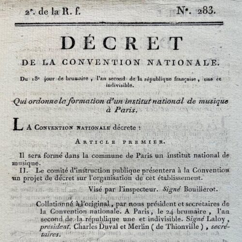 Décret de la Convention nationale portant la création d'un Institut national de Musique à Paris