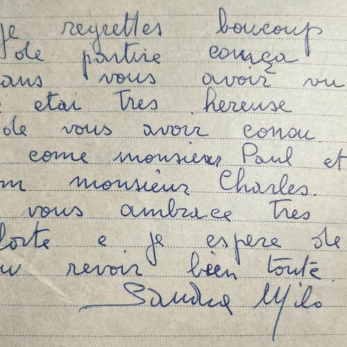 Lettre de l'actrice italienne Sandra Milo adressée à Paul Meurisse