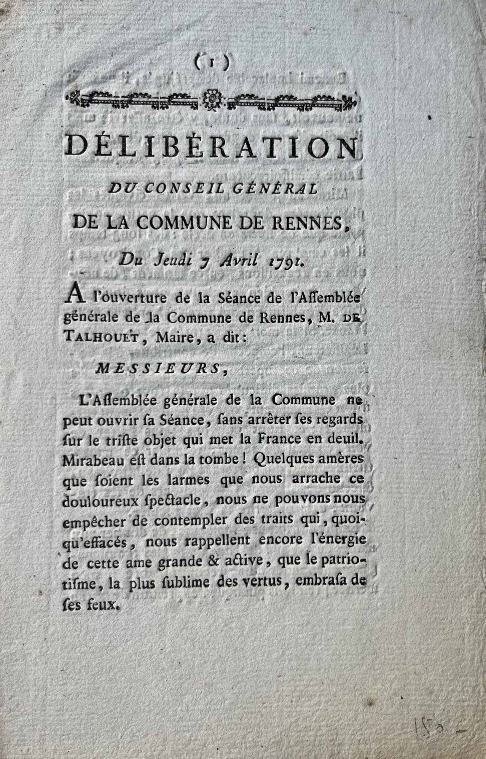 Deux documents sur Mirabeau : imprimé sur son décès et copie d’époque de deux longues lettres à sa mère