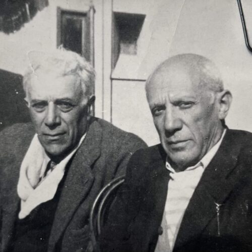 Portrait photographique des deux fondateurs du cubisme, Pablo Picasso et Georges Braque, à Nice, en 1947