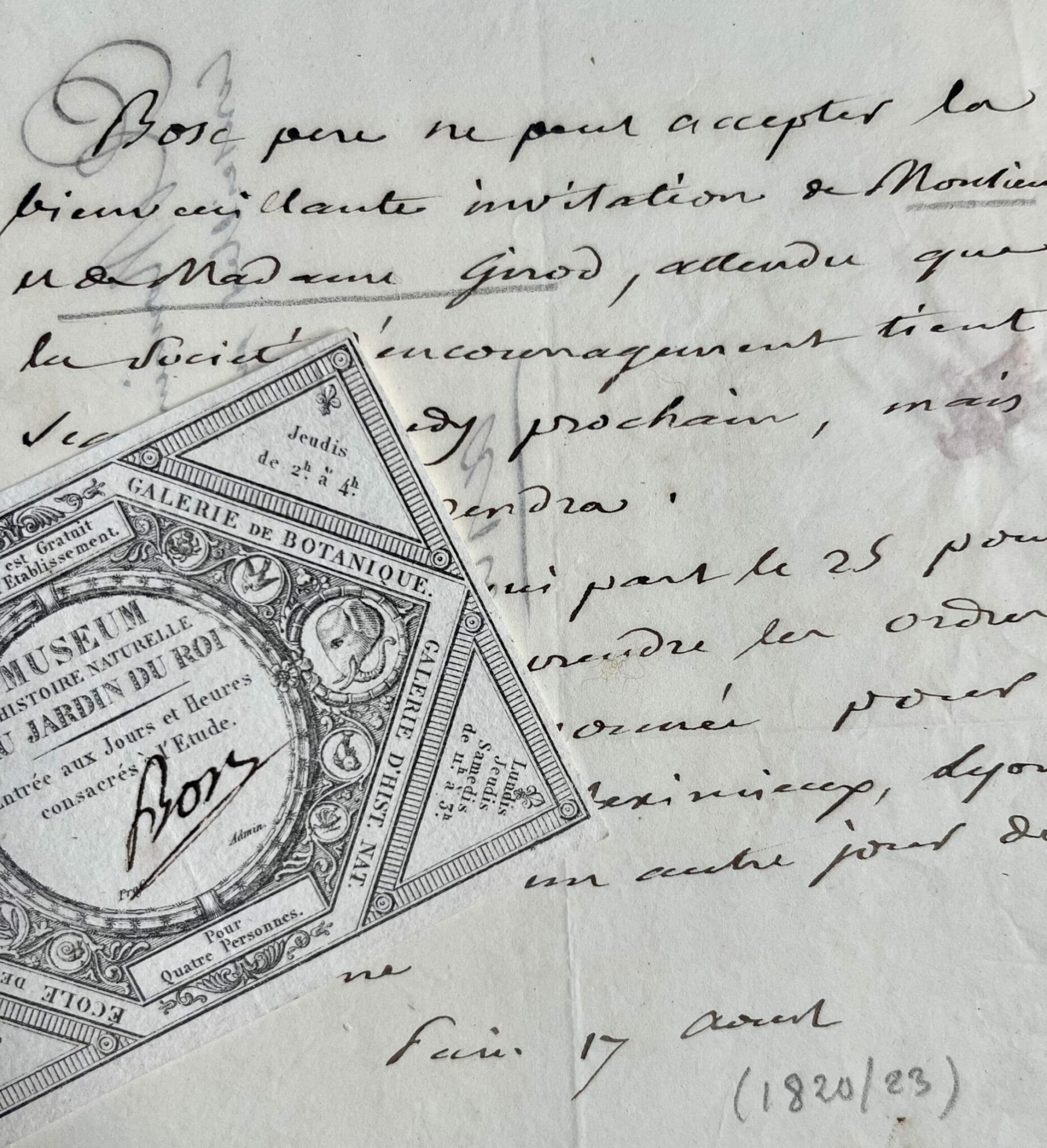 Lettre du naturaliste Bosc d’Antic, accompagnée d’une carte d’entrée au Muséum d’Histoire naturelle